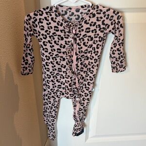 Posh Peanut Pink and Black Leopard Ruffle Bottom Footed One-Piece Pajamas
